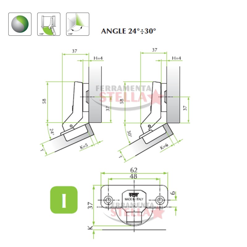 CERNIERA CERNIERE ANGOLARE TIPO SALICE 110∞ GRADI PER ANTE PENSILI MOBILI CON BASE SLIDE ON