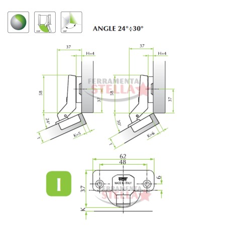 CERNIERA CERNIERE ANGOLARE TIPO SALICE 110∞ GRADI PER ANTE PENSILI MOBILI CON BASE SLIDE ON