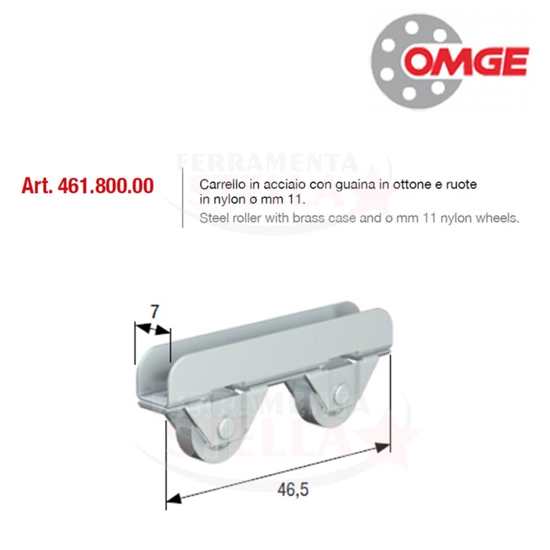 CARRELLO ACCIAIO DOPPIA RUOTA IN NYLON DIAMETRO 11  MM ART 454 GUAINA IN OTTONE