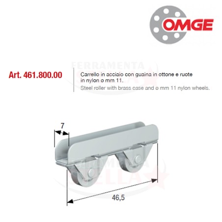 CARRELLO ACCIAIO DOPPIA RUOTA IN NYLON DIAMETRO 11  MM ART 454 GUAINA IN OTTONE