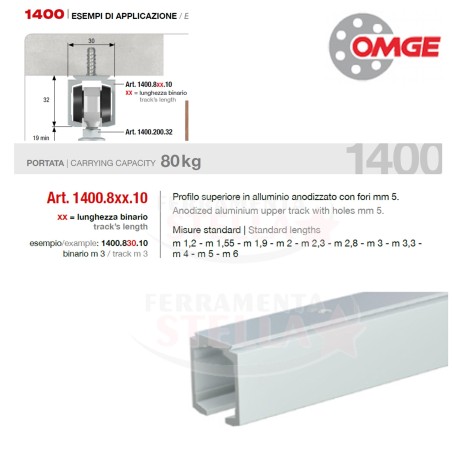 BINARIO PORTANTE IN ALLUMINIO PER KIT 1390 OMGE x PORTE SCORREVOLI DA MT 2