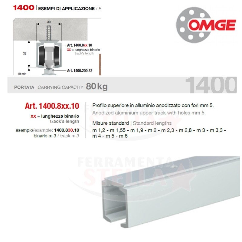 BINARIO PORTANTE IN ALLUMINIO PER KIT 1390 OMGE x PORTE SCORREVOLI DA MT 2