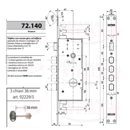 MOTTURA SERRATURA A INFILARE PER PORTE BLINDATE 3 PUNTI CHIUSURA 72140 