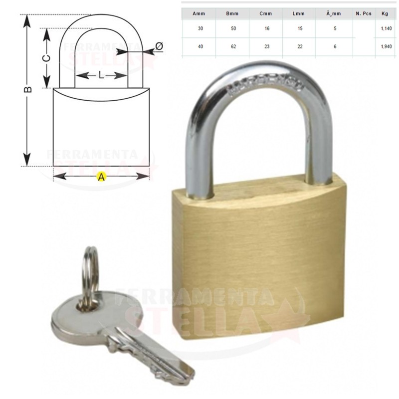 LUCCHETTO ARCO NORMALE IN OTTONE TEMPERATO 40 MM 2 CHIAVI SICUREZZA CATENACCIO