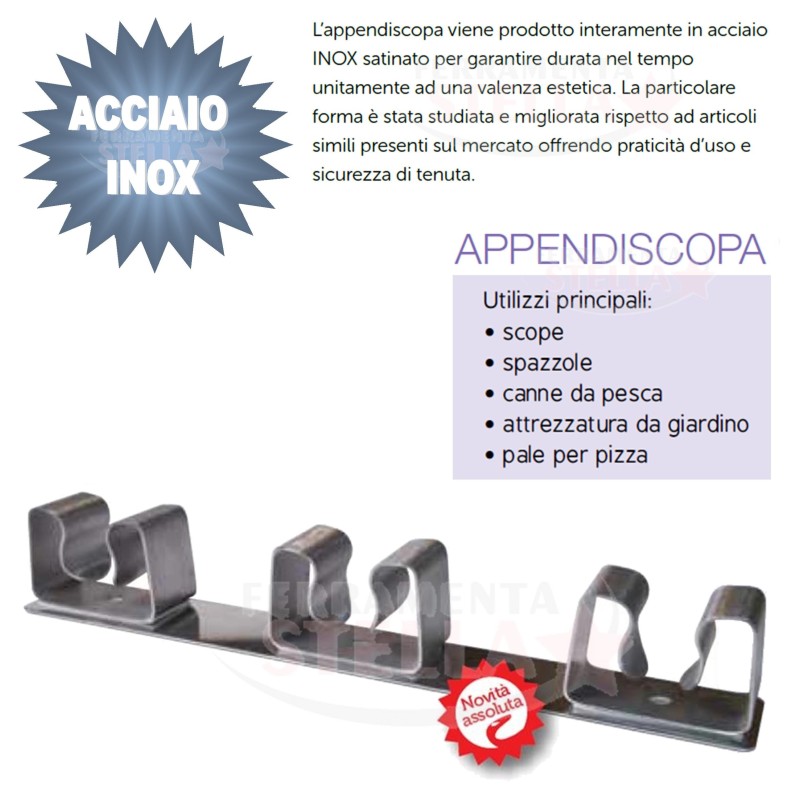 APPENDI AGGANCIO AGGANCIA GANCIO PORTA SCOPA in ACCIAIO INOX SATINATO COPPIA