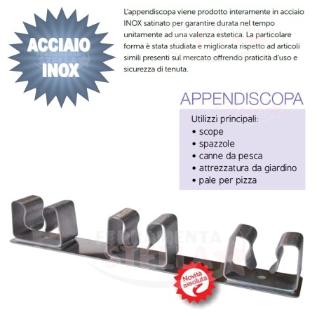 APPENDI AGGANCIO AGGANCIA GANCIO PORTA SCOPA in ACCIAIO INOX SATINATO COPPIA