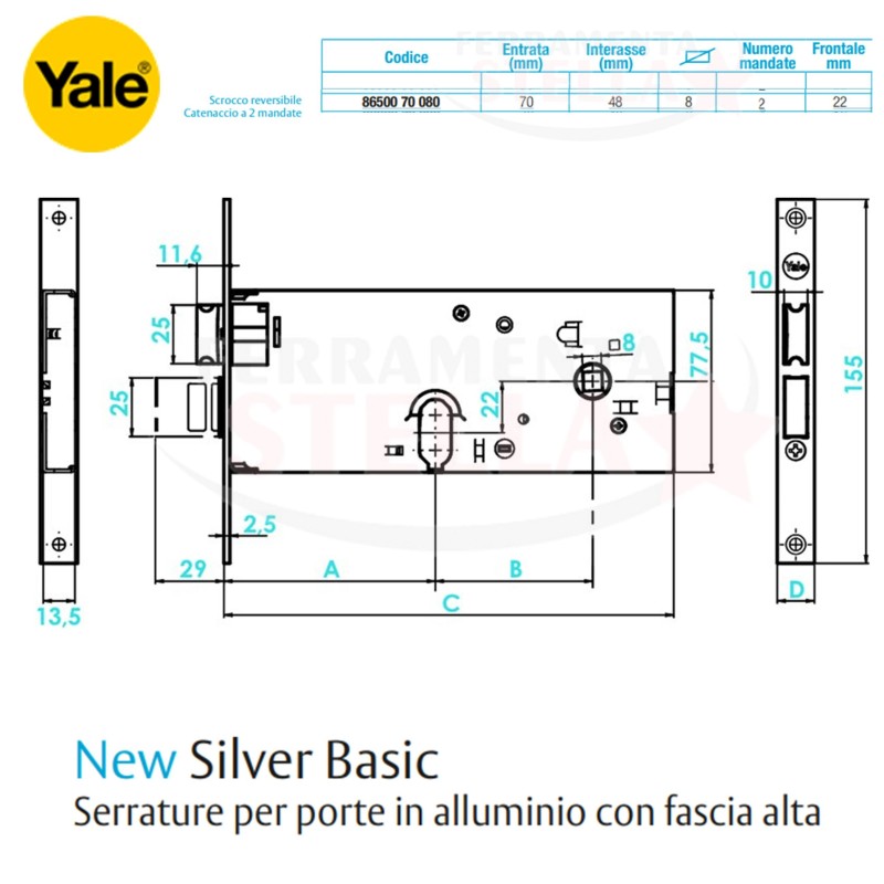SERRATURA CORNI YALE 965 ENTRATA 70 AD INFILARE PORTONE CANCELLO FERRO ALLUMINIO