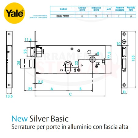 SERRATURA CORNI YALE 965 ENTRATA 70 AD INFILARE PORTONE CANCELLO FERRO ALLUMINIO