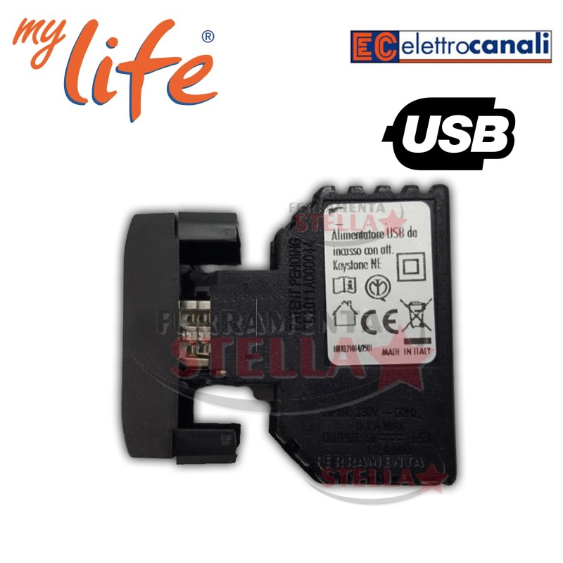 LIFE ALIMENTATORE USB DA INCASSO AGGANCIO KEY STONE CARICATORE 1 MODULO ELETTROCANALI