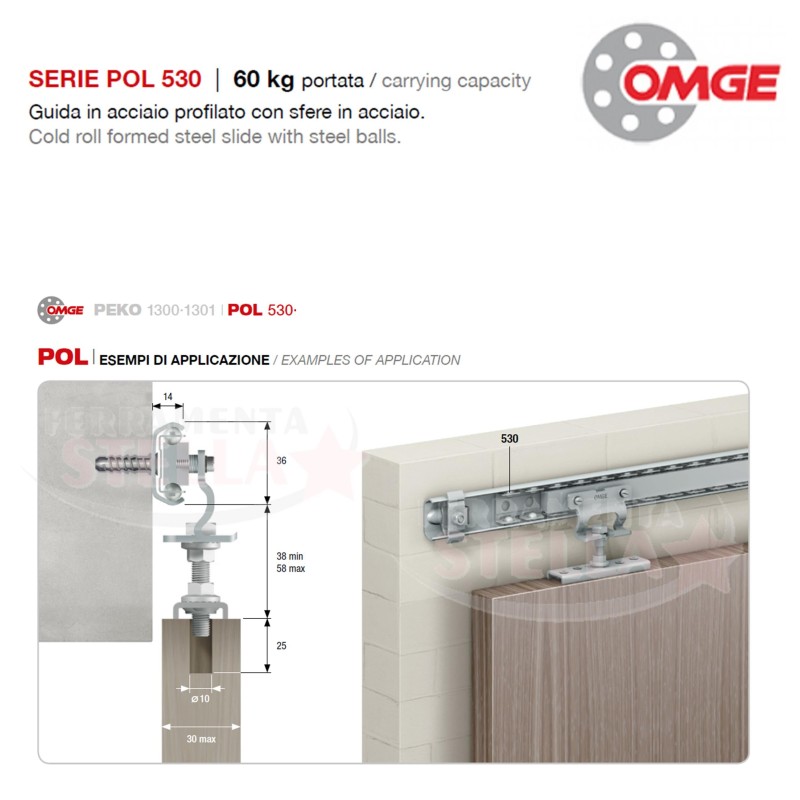 GUARNITURA COMPLETA x SCORREVOLE ART 530 KIT COMPLETO DI BINARIO x PORTE DA 71 A 80 CM MAX 60 kg