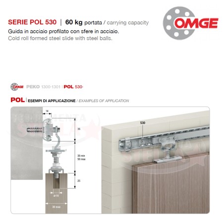 GUARNITURA COMPLETA x SCORREVOLE ART 530 KIT COMPLETO DI BINARIO x PORTE DA 71 A 80 CM MAX 60 kg