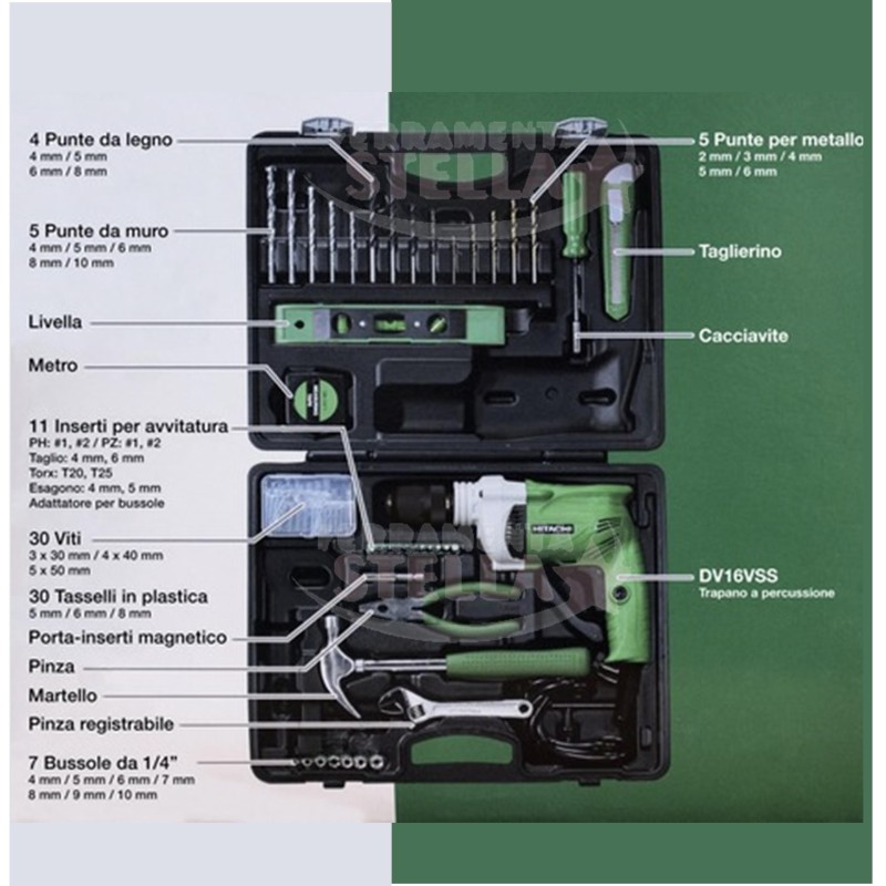 TRAPANO A PERCUSSIONE DV16V SS 600W HITACHI IN VALIGETTA + 100 ACCESSORI