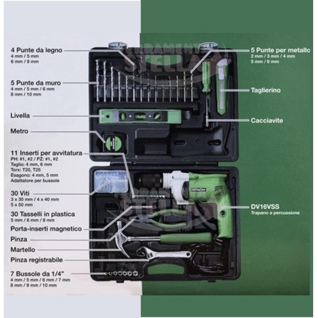 TRAPANO A PERCUSSIONE DV16V SS 600W HITACHI IN VALIGETTA + 100 ACCESSORI