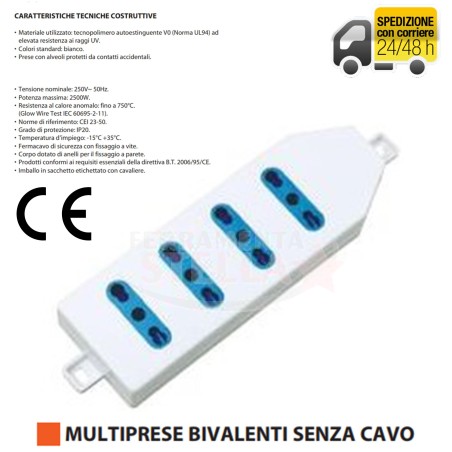 CIABATTA ELETTRICA MULTIPRESA 4 POSTI BIANCA PRESA 10/16A SENZA FILO CAVO