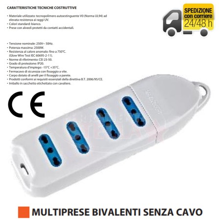 CIABATTA ELETTRICA MULTIPRESA 4 POSTI BIANCA PRESA 10/16A SENZA FILO CAVO