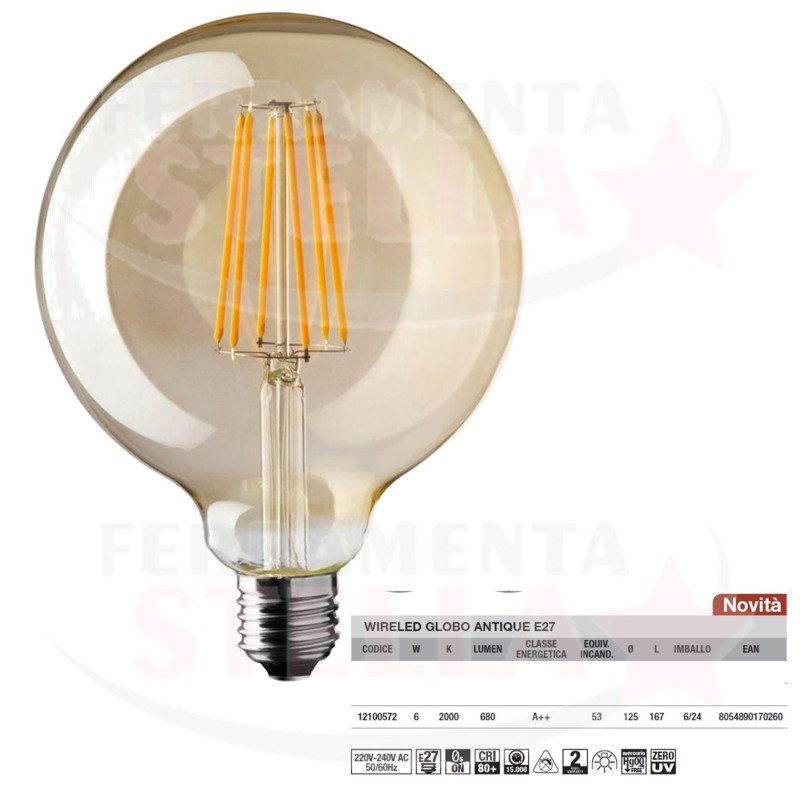 LED FILAMENTO ANTIQUE E 27 WIRELED ST64 6W 2K - VETRO FUME' ANTICHIZZATO DESIGN VINTAGE 