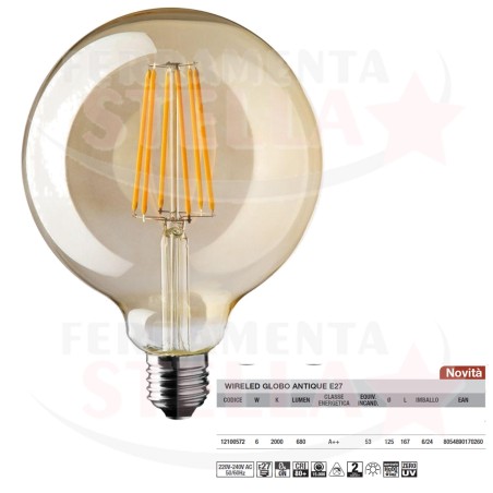 LED FILAMENTO ANTIQUE E 27 WIRELED ST64 6W 2K - VETRO FUME' ANTICHIZZATO DESIGN VINTAGE 