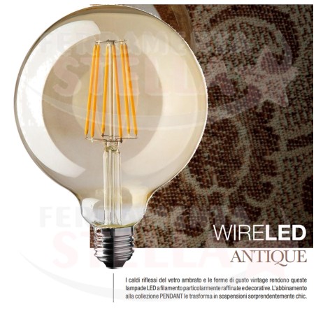 LED FILAMENTO ANTIQUE E 27 WIRELED ST64 6W 2K - VETRO FUME' ANTICHIZZATO DESIGN VINTAGE 