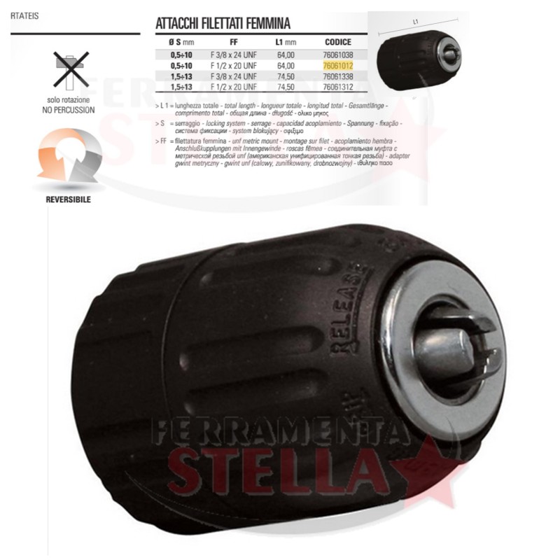 MANDRINO SENZA CHIAVE PER TRAPANO AVVITATORE - PER PUNTE DA 0,5 A 10 MM - FEMM 1/2 X 20