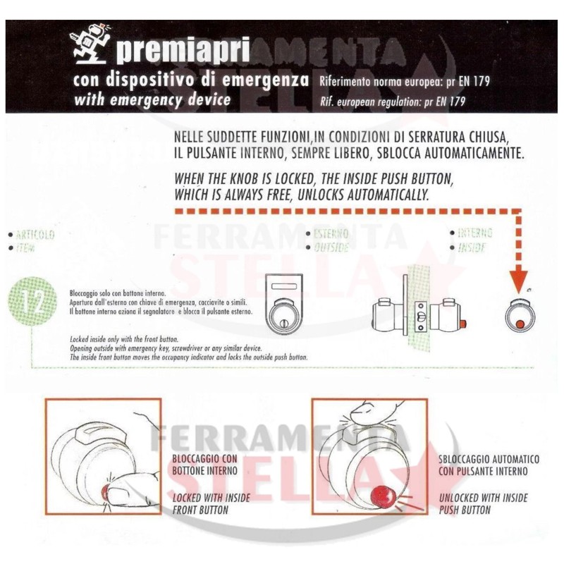 SERRATURA MERONI PREMI APRI NOVA ART 12 WC ACCIAIO LEGNO ALLUMINIO MANIGLIA