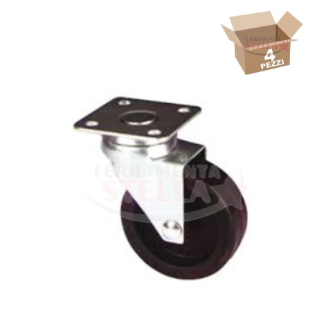 RUOTA GIREVOLE PER MOBILI - mm. 50 piastra mm. 46 x 38 - CONFEZIONE 4 PEZZI IN GOMMA NERA