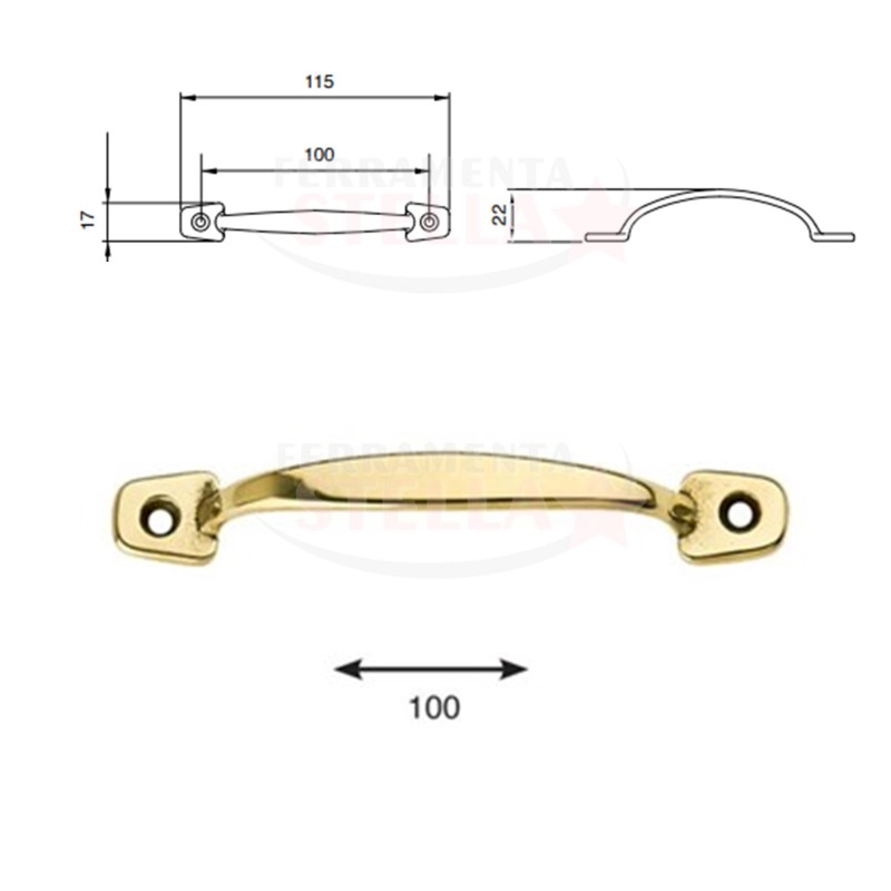 MANIGLIETTA MANIGLIA PER MOBILI - INTERASSE 100 MM - OTTONE LUCIDO DA AVVITARE