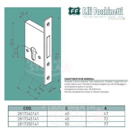 SERRATURA A INFILARE WALLY TIPO CISA 52310 DI SICUREZZA x LEGNO PER CILINDRO YALE - E. 50