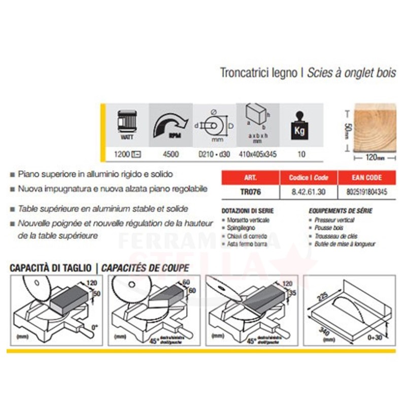 TRONCATRICE SEGA PIANO DA BANCO FEMI TAGLIO LEGNO DISCO 210 MM LAMA JOB LINE 