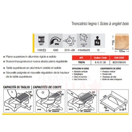 TRONCATRICE SEGA PIANO DA BANCO FEMI TAGLIO LEGNO DISCO 210 MM LAMA JOB LINE 