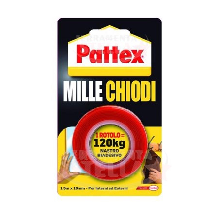 NASTRO BIADESIVO ADESIVO ENTRAMBI I LATI IN SCHIUMA SPUGNOSO EXTRA FORTE 19 MM ROSSO PATTEX MILLE CHIODI