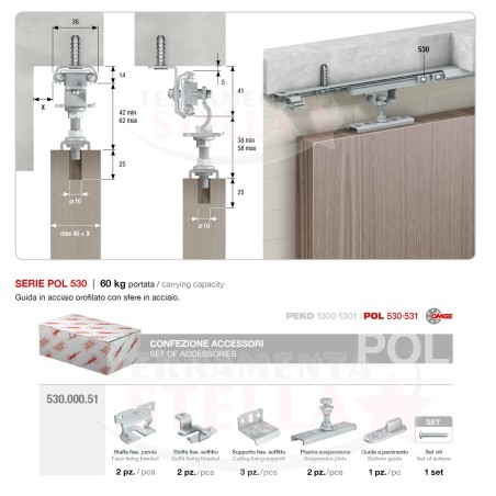 GUARNITURA COMPLETA x SCORREVOLE ART 530 KIT COMPLETO DI BINARIO x PORTE DA 71 A 80 CM MAX 60 kg