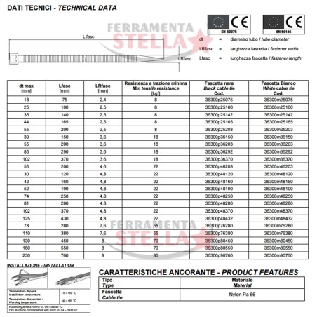 FASCETTA FASCETTE DA CABLAGGIO ELETTRICISTA LEGATURA - MISURA 4,8 x 250 - NERO - CF 100 PZ 