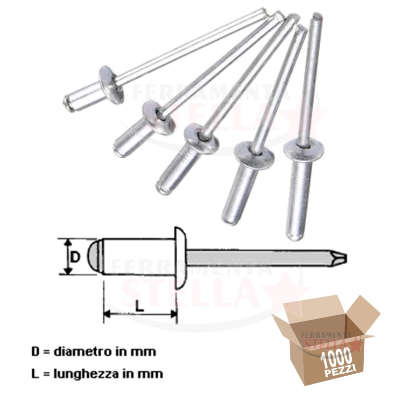 RIVETTI A STRAPPO 5,0 x 16 ALLUMINIO - CONFEZIONE DA  PZ 1000 - MARCA  FISMET