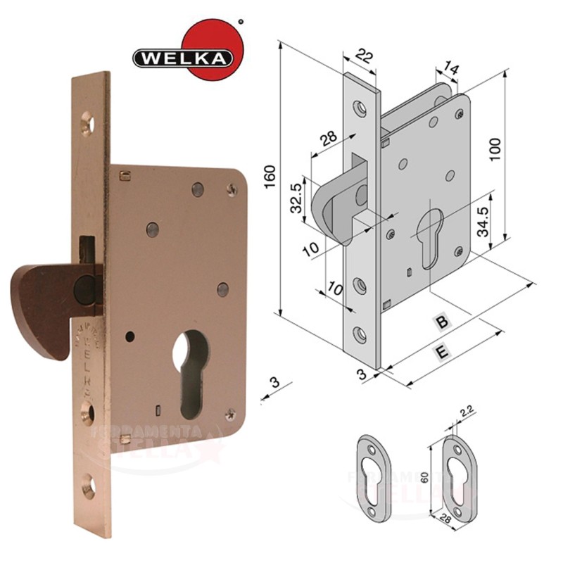 SERRATURA A GANCIO PER SCORREVOLI - LEGNO FERRO - COMPLETA DI CONTROPIASTRA ENTRATA 60 WELKA