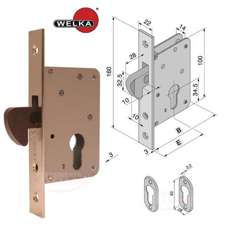 SERRATURA A GANCIO PER SCORREVOLI - LEGNO FERRO - COMPLETA DI CONTROPIASTRA ENTRATA 60 WELKA