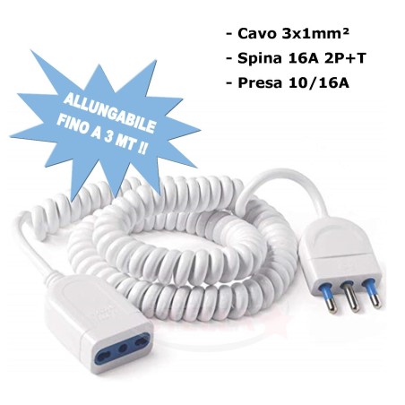 PROLUNGA ELETTRICA 3 METRI CAVO A SPIRALE BIANCA SPINA 16/A PRESA 10/16A