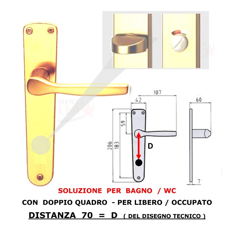 MANIGLIA CON PLACCA IN ALLUMINIO MODELLO PER BAGNO WC LIBERO OCCUPATO - COLORE BRONZO - MODELLO CLASSIC