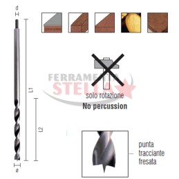 PUNTA PROLUNGATA PER LEGNO  ELICOIDALI SERIE LUNGHE - ACCIAIO CV