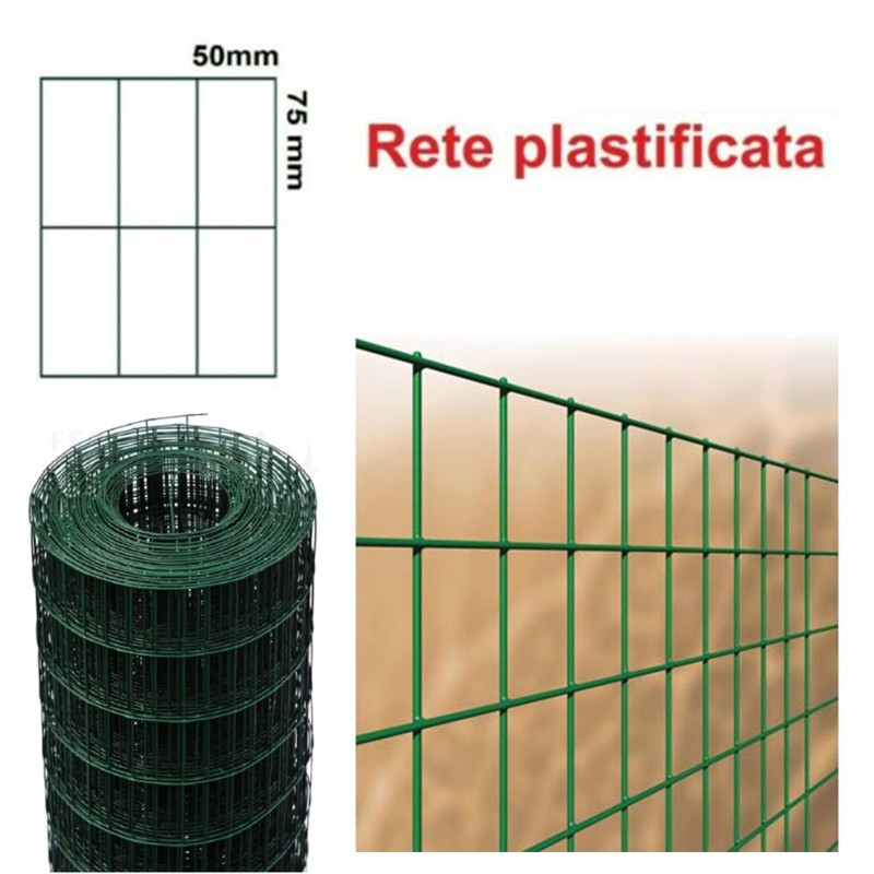 RETE ELETTROSALDATA PLASTIFICATA COLORE VERDE MINIROLL - SEZIONE 50 x 75 SPESSORE 2,2 MM - MT 10 - ALTEZZA 1 MT