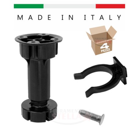 PIEDINO IN PLASTICA ABS REGOLABILE - PER MOBILI E CUCINE - CONF 4 PEZZI - COLORE NERO DIAM 29 MM E ALTEZZA CM 12 - 15