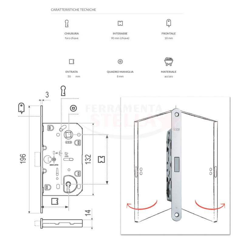 SERRATURA PATENT PICCOLA PER PORTE INTERNE - BUSSOLE CENTRO AGB DIST. 90 FORO CHIAVE - CROMO SATINATO