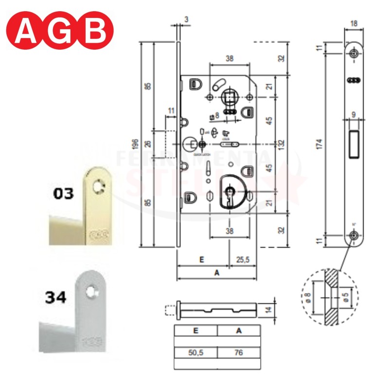 SERRATURA PATENT PICCOLA PER PORTE INTERNE - BUSSOLE CENTRO AGB DIST. 90 FORO CHIAVE - CROMO SATINATO