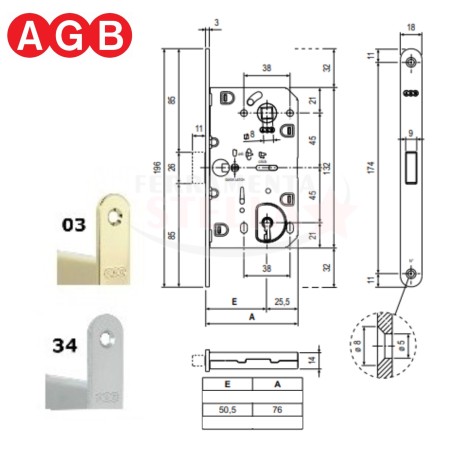 SERRATURA PATENT PICCOLA PER PORTE INTERNE - BUSSOLE CENTRO AGB DIST. 90 FORO CHIAVE - CROMO SATINATO