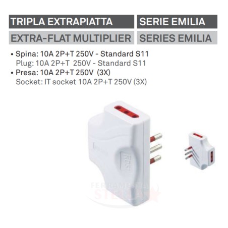 ADATTATORE TRIPLO PIATTO RIDUTTORE SPINA 10A - 3 PRESE 10A 250V - SALVASPAZIO - ROSI