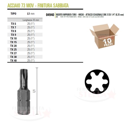 INSERTO BITS PUNTA TORX ATTACCO 1/4 DA MM 25 AVVITAMENTO - MISURA T20 - PEZZI 10 ECEF