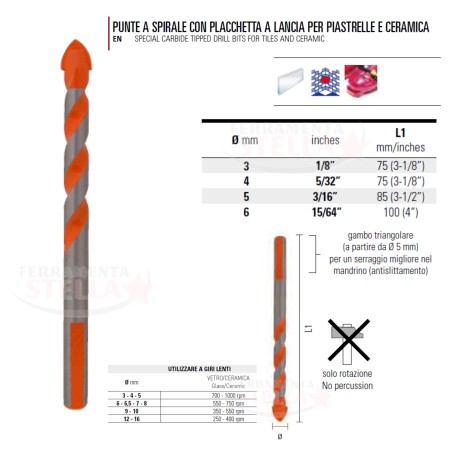 PUNTA PUNTE VETRO CERAMICA PORCELLANA PIASTRELLE x TRAPANO A LANCIA - diam. 3 x 65