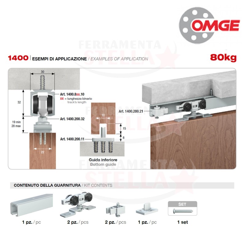 GUARNITURA COMPLETA PER PORTA SCORREVOLE ART 1400 KIT COMPLETO DI BINARIO x PORTE DA 71 A 90 CM