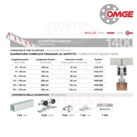 GUARNITURA COMPLETA PER PORTA SCORREVOLE ART 1400 KIT COMPLETO DI BINARIO x PORTE DA 71 A 90 CM