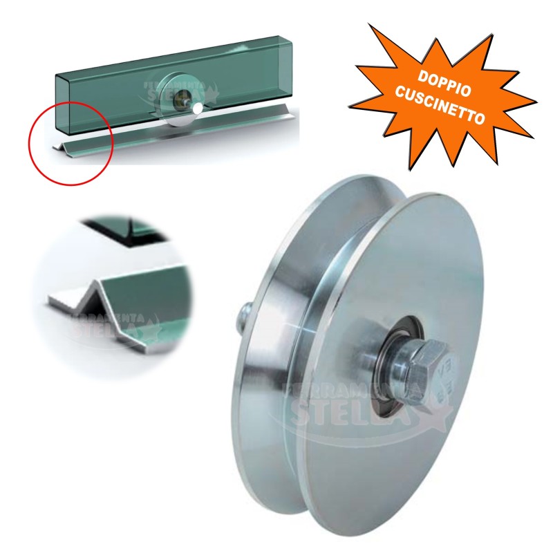 RUOTA PER CANCELLI CON 2 CUSCINETTI A SFERA IN ACCIAIO DIAMETRO 100 - GOLA A FORMA DI V - ART 407 RUOTA PER CANCELLI CON 2 CUSCINETTI A SFERA IN ACCIAIO DIAMETRO 100 - GOLA A FORMA DI V - ART 407