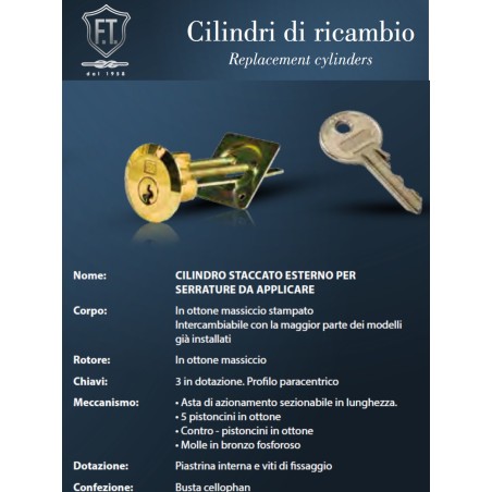 CILINDRO STACCATO ESTERNO OTTONE RICAMBIO SERRATURA DA APPLICARE PORTONCINI - FT TARONI